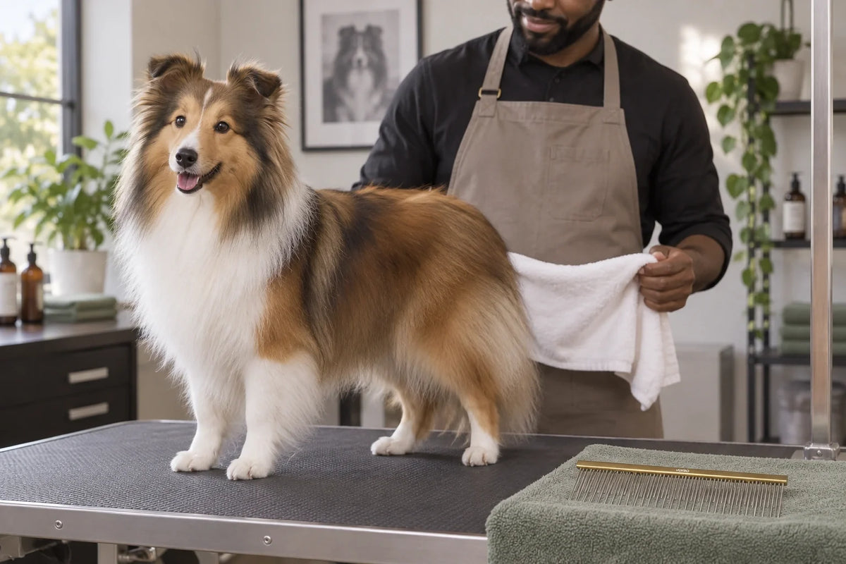 Groomer assessing a dry Shetland Sheepdog coat, with a VUNRO brass double-skip comb resting on a clean towel