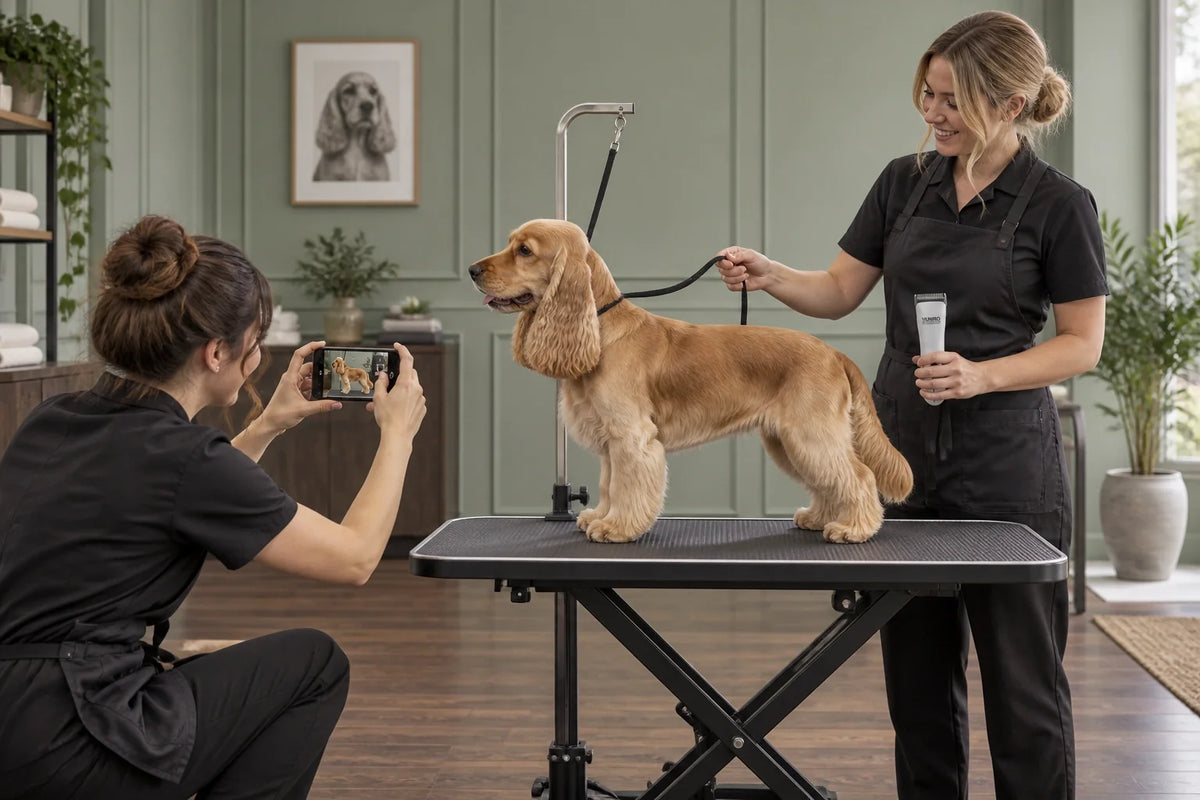 Groomer photographing a cocker spaniel finish while a colleague holds a VUNRO D-Series clipper safely clear