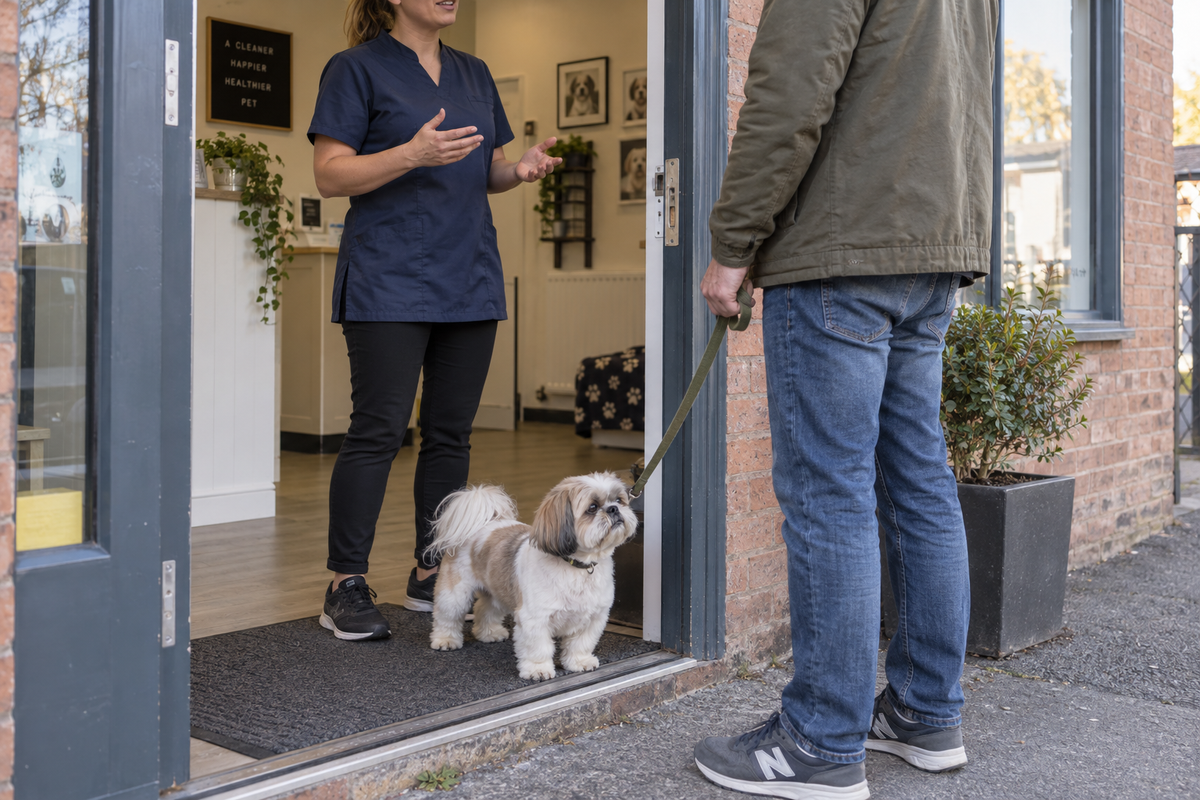 Groomer and pet parent talking at the salon door while a Shih Tzu waits safely on the floor
