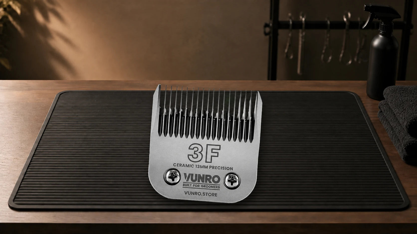 #3F Ceramic Dog Clipper Blade (13 mm) resting naturally on the VUNRO grooming workbench