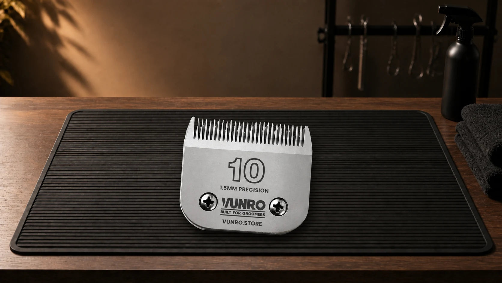 #10 Dog Clipper Blade (1.5 mm) resting naturally on the VUNRO grooming workbench