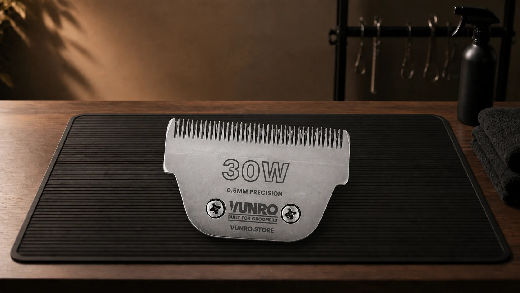 #30W Dog Clipper Blade (0.5 mm) resting naturally on the VUNRO grooming workbench